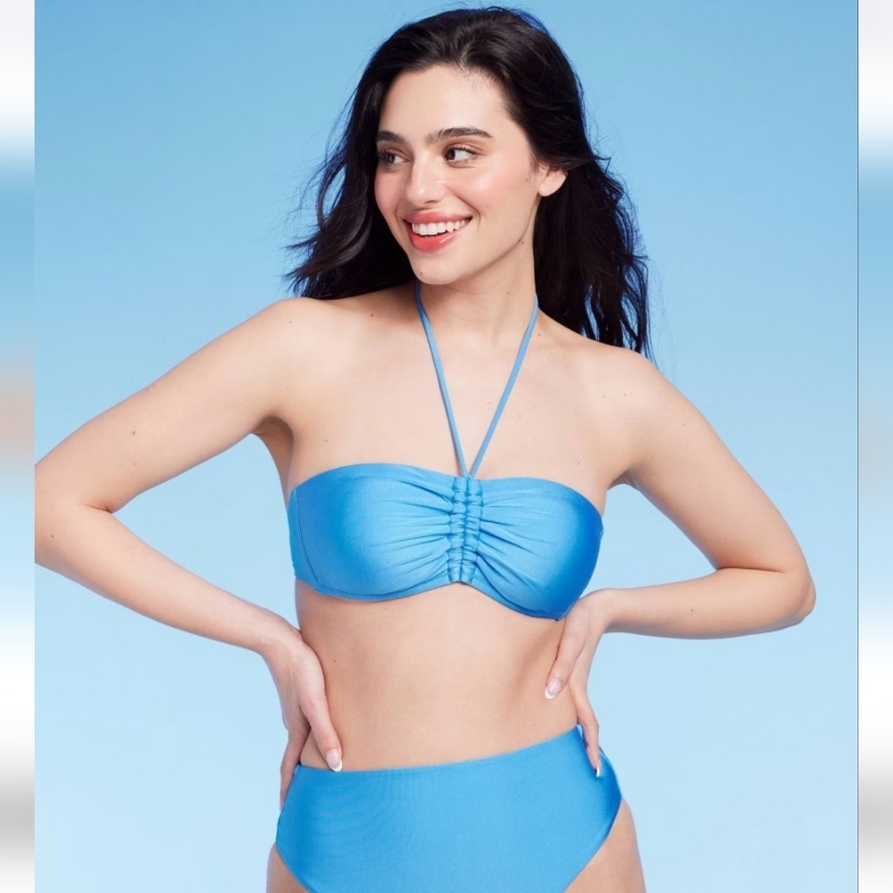 Shirred Front Halter Bandeau Bikini Top & Bottom Shade & Shore Blue Shine L